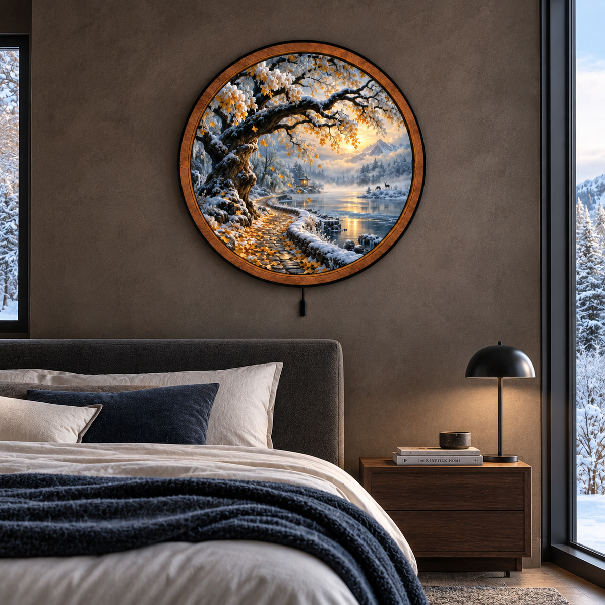 Golden Winter Path LED Wall Art – Snowy Mountain Lake Landscape Decor