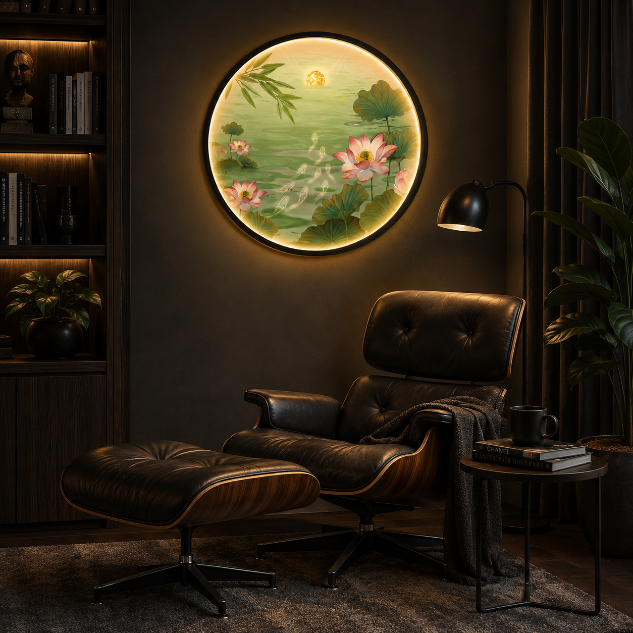 Pink Lotus Pond LED Wall Art - Koi Fish & Moon Round Wall Decor with Backlight