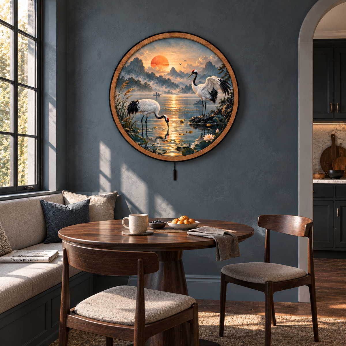Red-Crowned Crane Sunset LED Wall Art – Serene Mountain Lake
