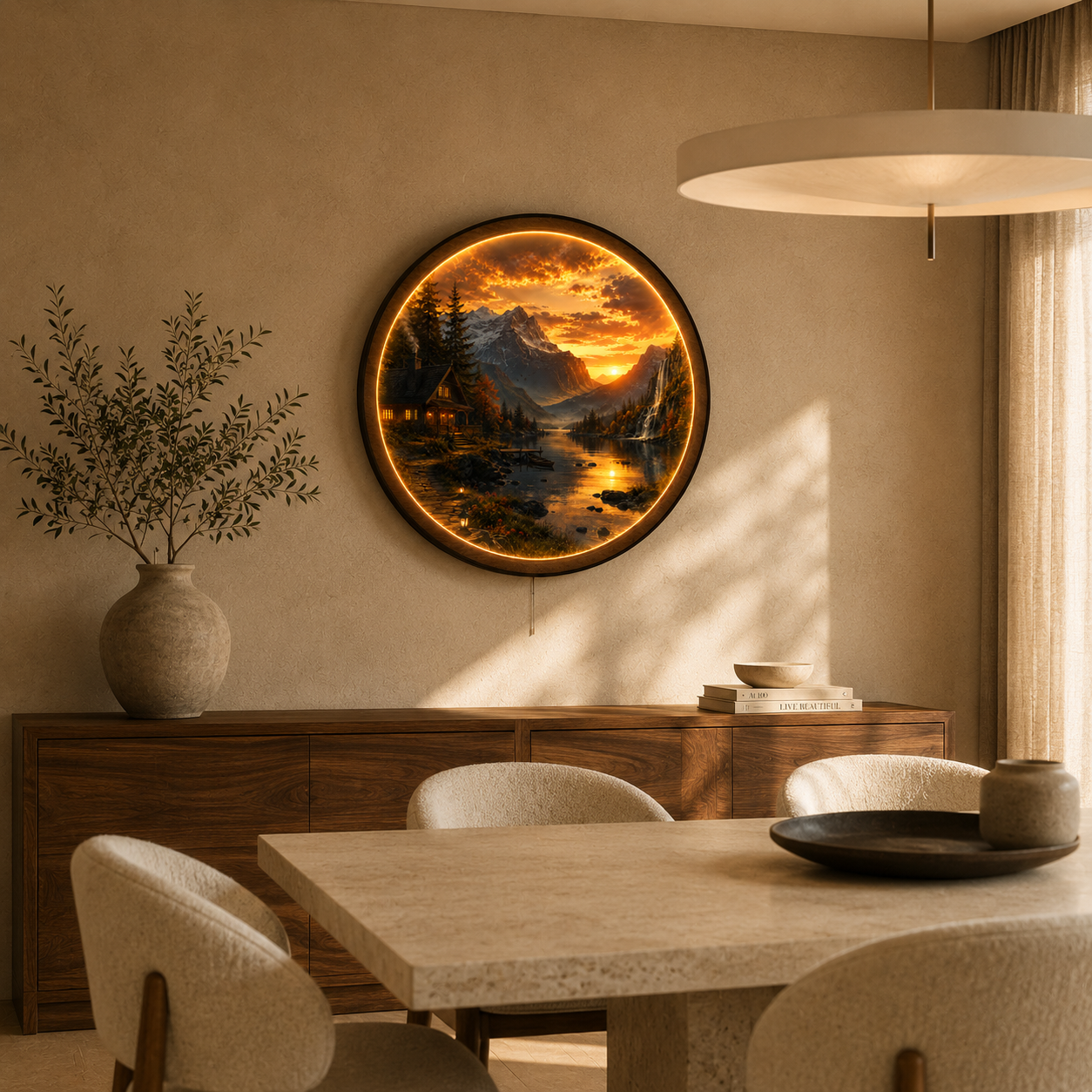 Mountain Cabin LED Wall Art – Sunset Lake Landscape Wall Decor