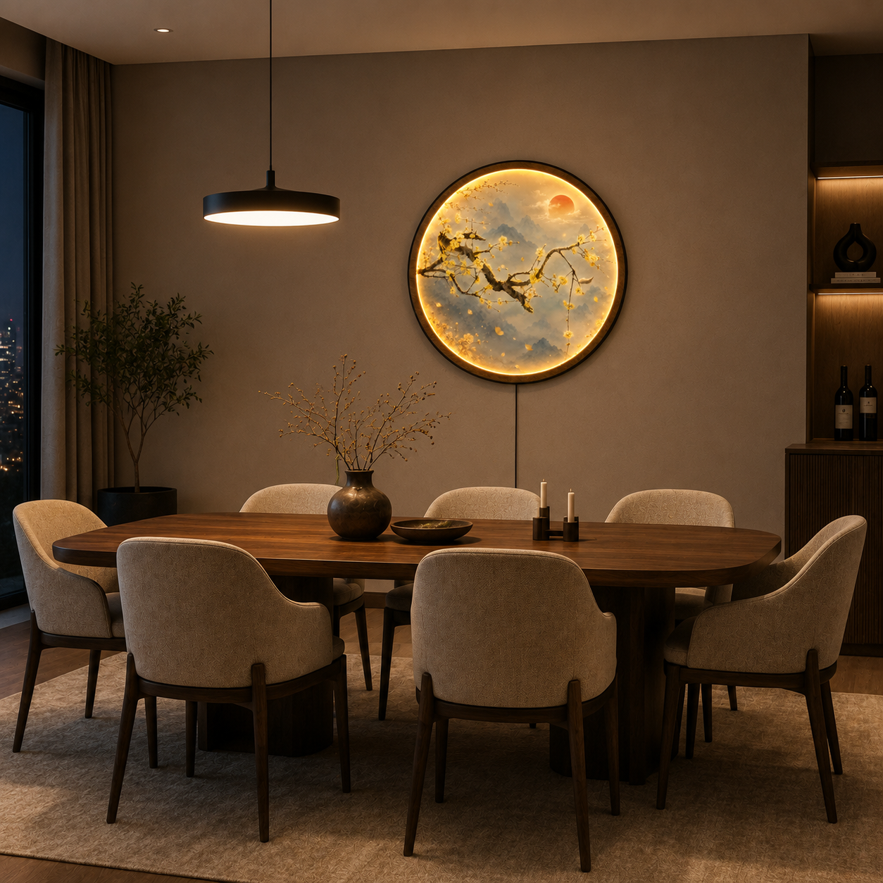 Golden Plum Blossom Mountain LED Wall Art – Round Illuminated Nature Decor