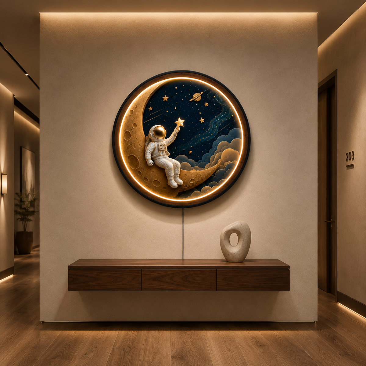 Dream Explorer LED Wall Art | Astronaut on Crescent Moon Round Illuminated Wall Decor | Warm LED Ambient Light