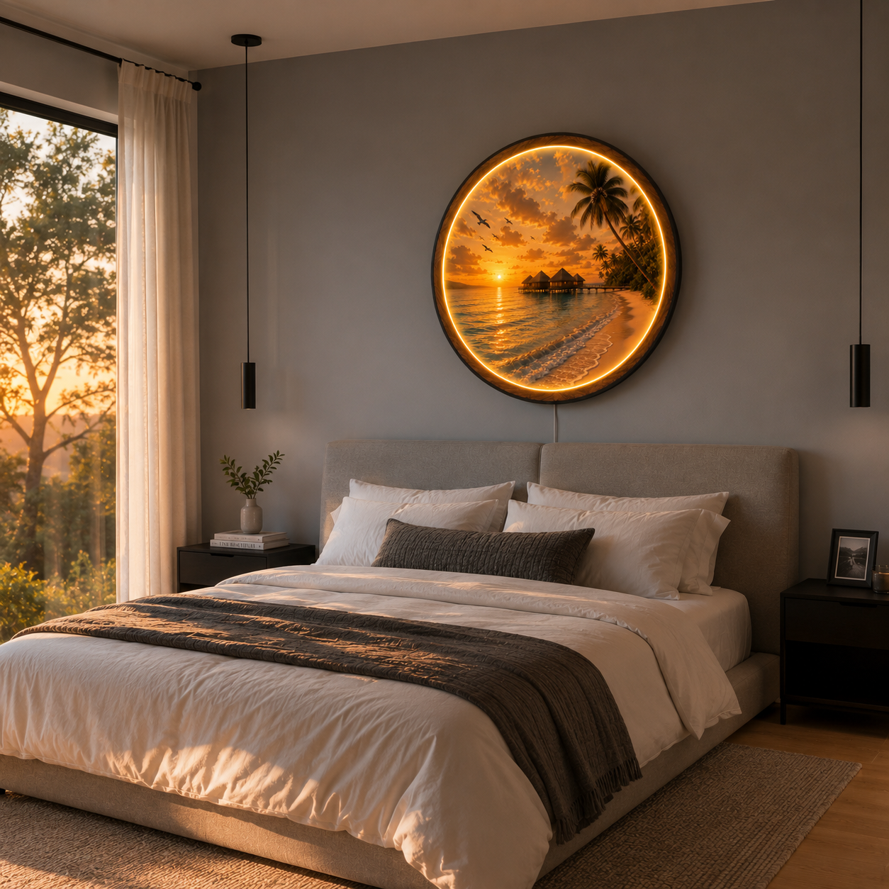 Tropical Sunset Lagoon LED Wall Art – Coastal Beach Light Decor