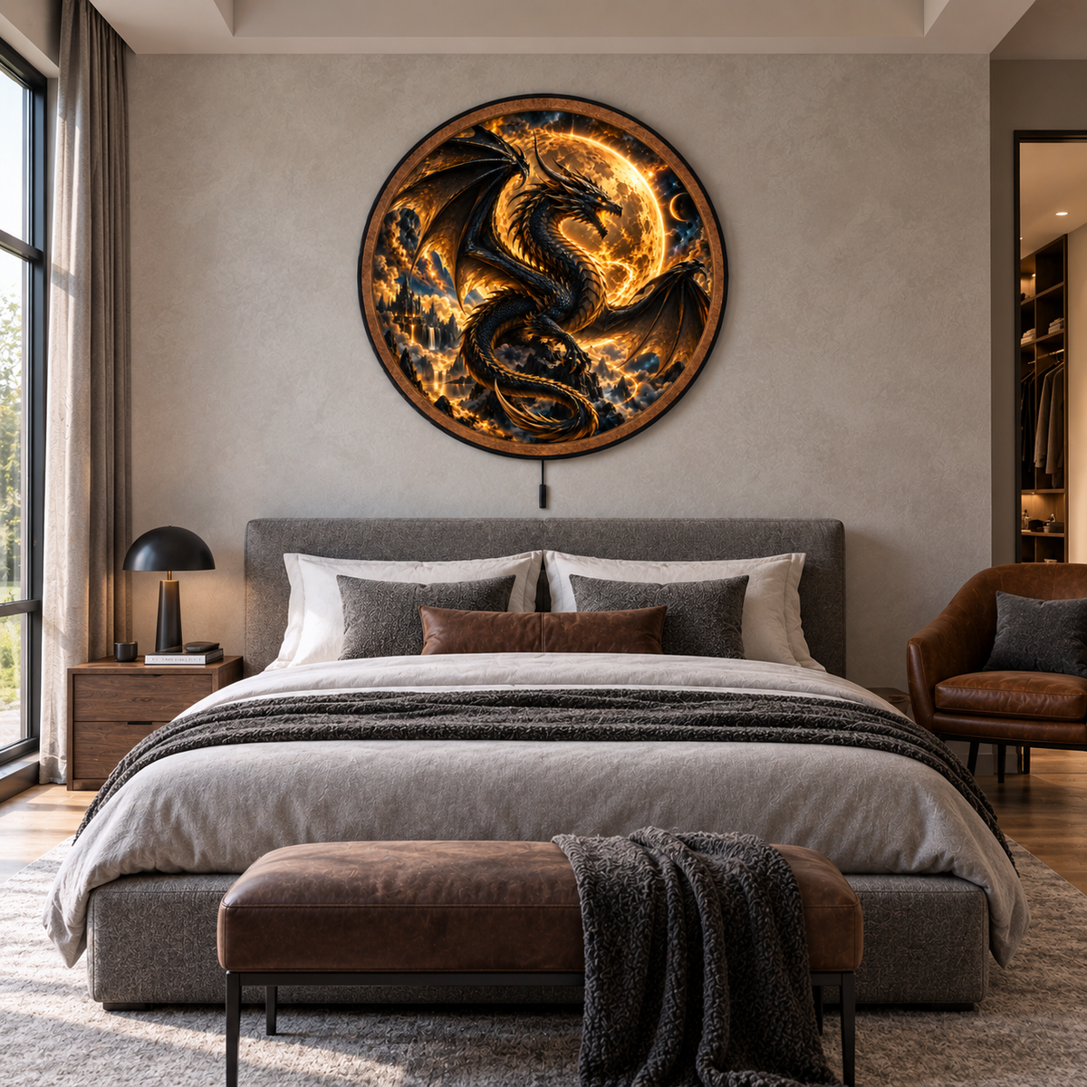 Black Dragon Eclipse – Golden Moon Fantasy LED Wall Art