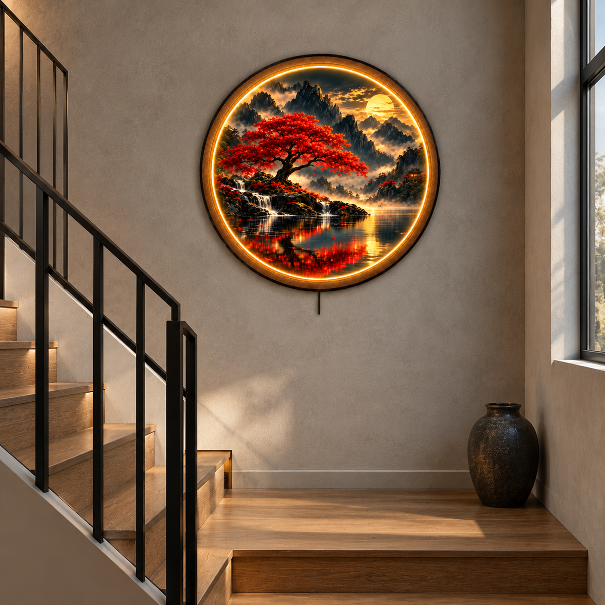 Crimson Serenity LED Wall Art – Red Maple Mountain Decor