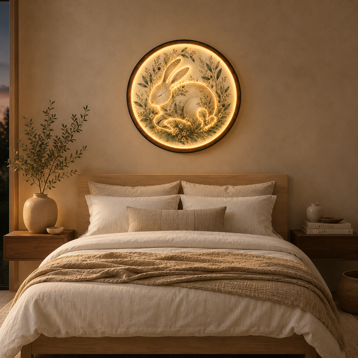 Sleeping Bunny LED Wall Art – Whimsical Round Wooden Night Light Decor