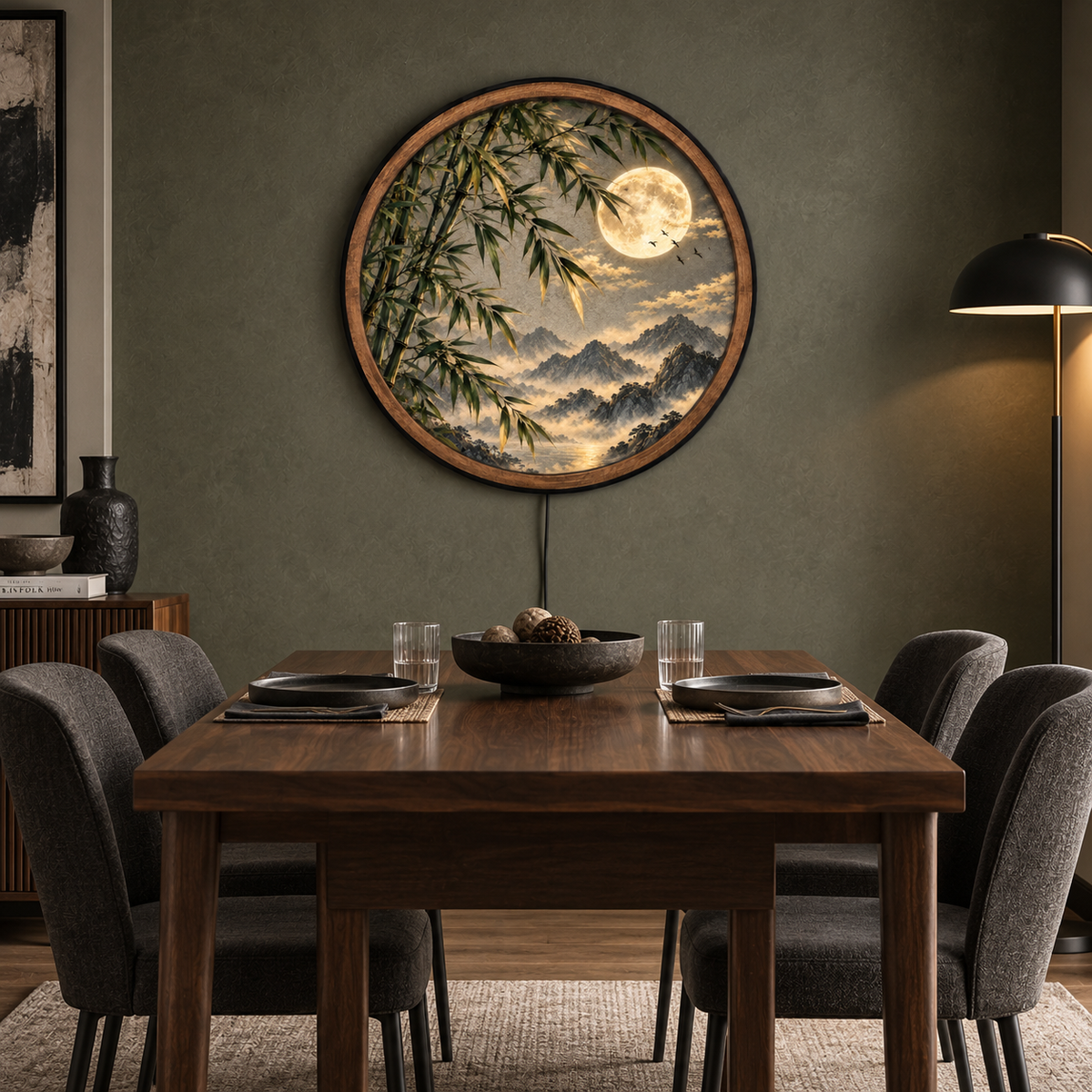 Golden Bamboo Moon LED Wall Art – Mountain Nature Decor