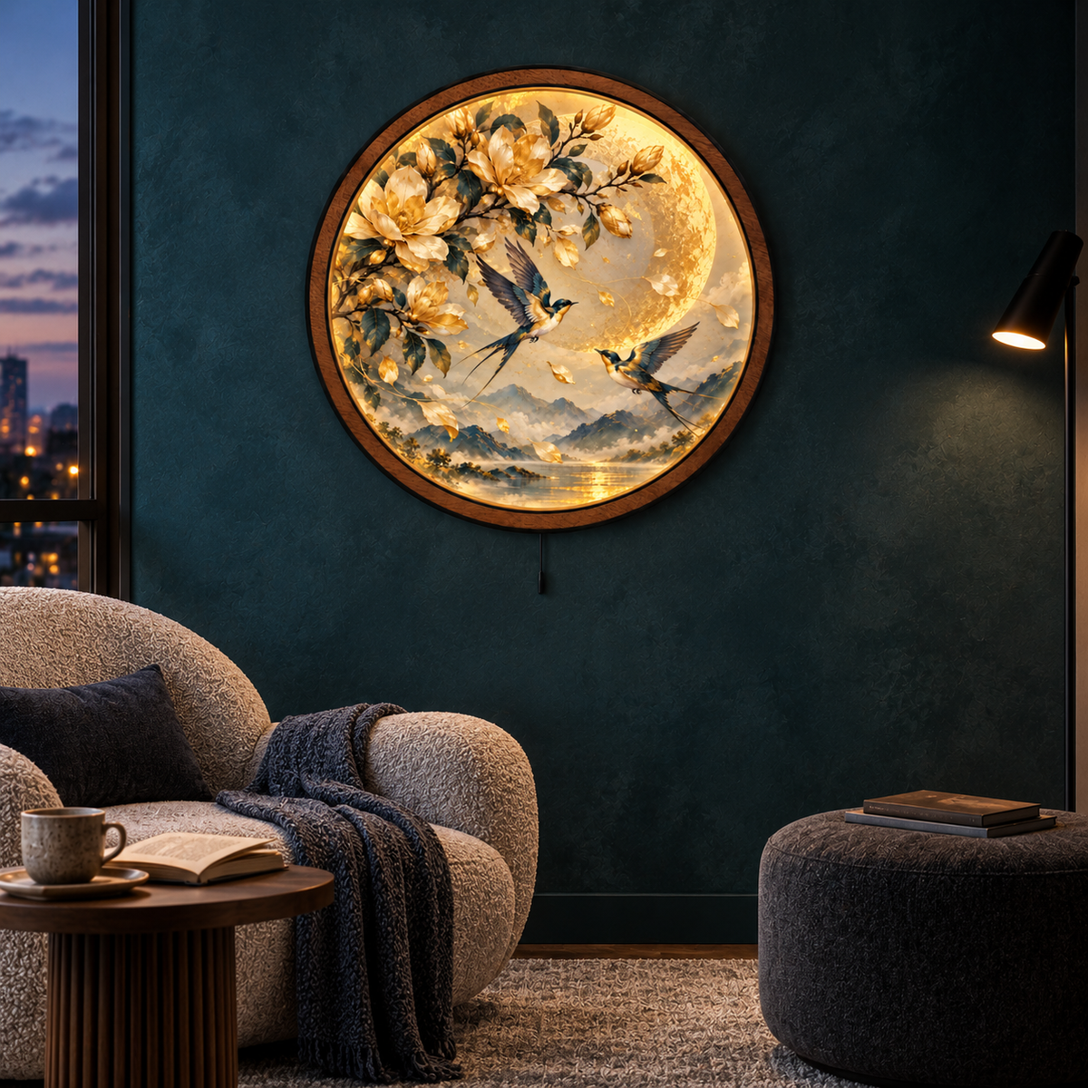 Golden Magnolia Moon LED Wall Art – Birds & Floral Nature Decor