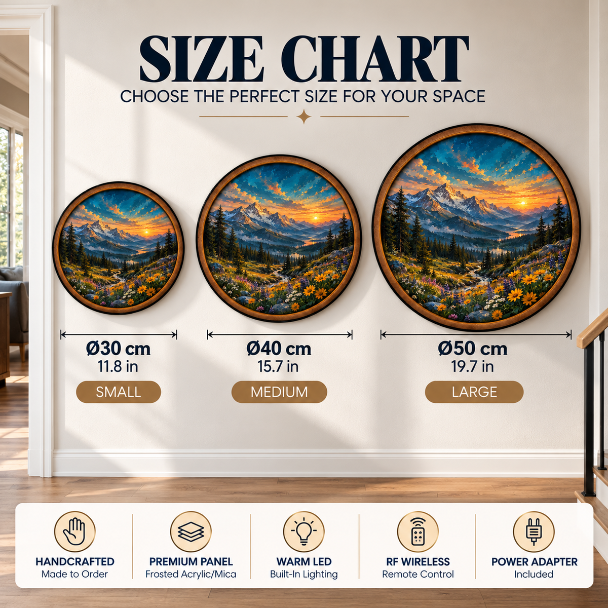 Alpine Wildflower Sunset Mountain Circular LED Wall Art