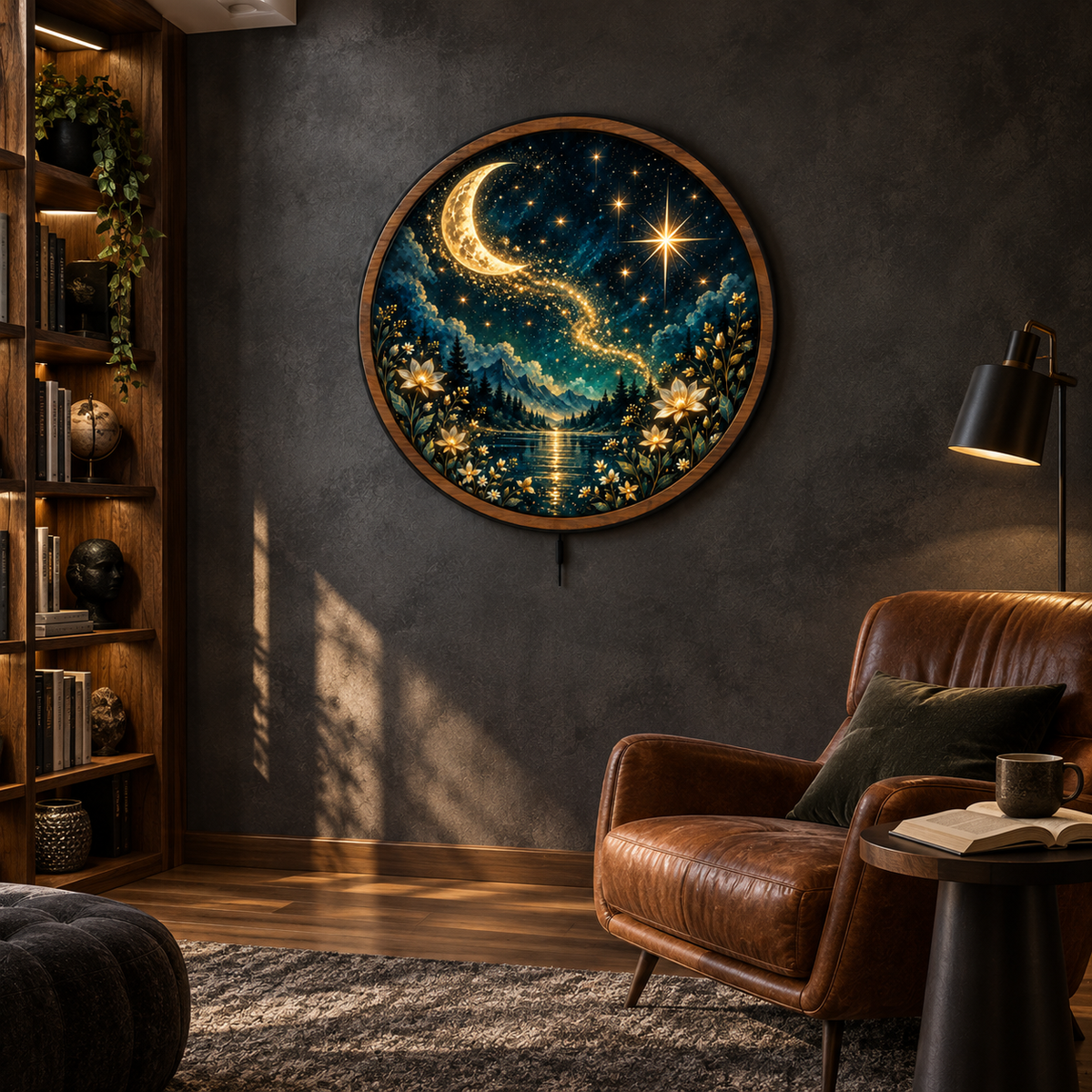 Celestial Moonlight Garden LED Wall Art – Golden Starry Night