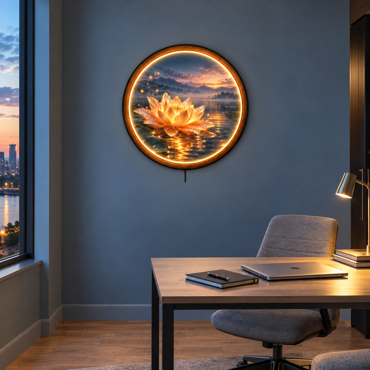 Golden Lotus LED Wall Art – Serene Lake & Meditation Decor