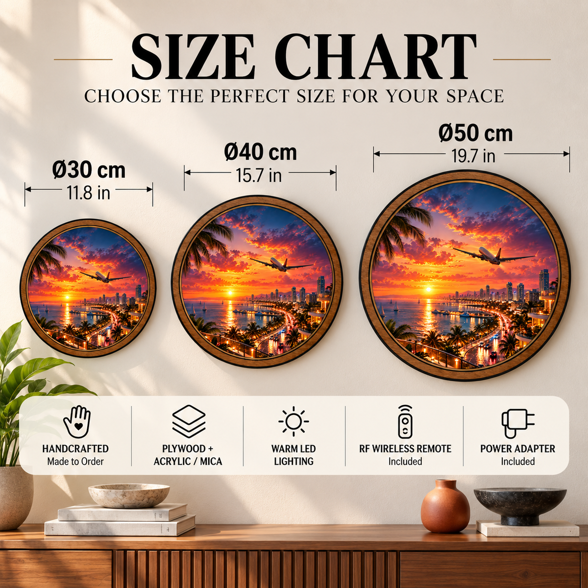 Tropical Skyline Flight Sunset Circular LED Wall Art