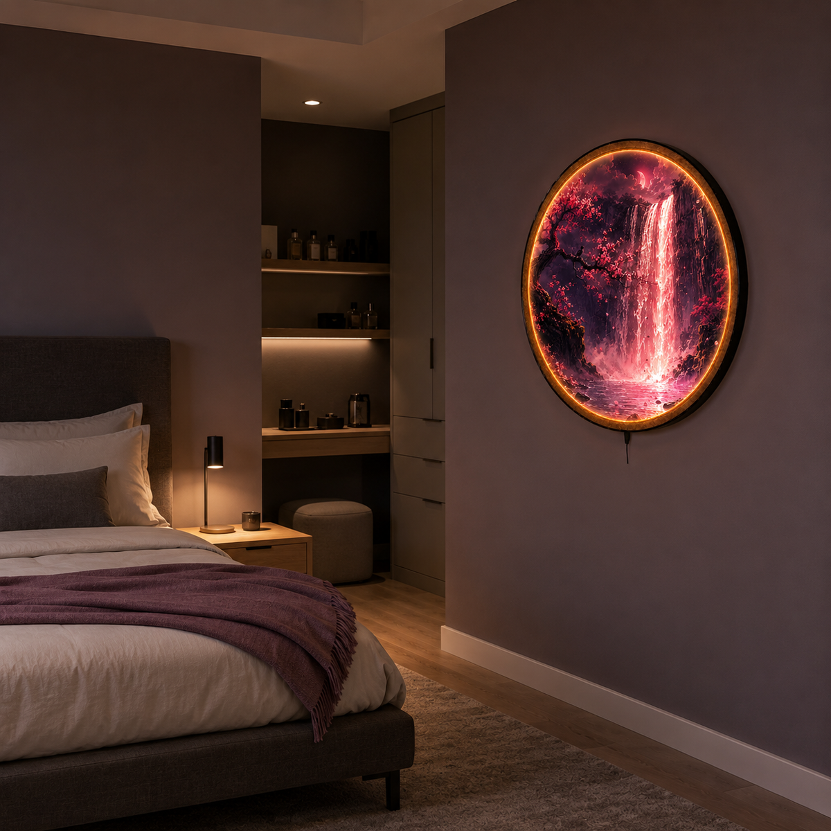 Crimson Veil LED Wall Art – Moonlit Waterfall Decor