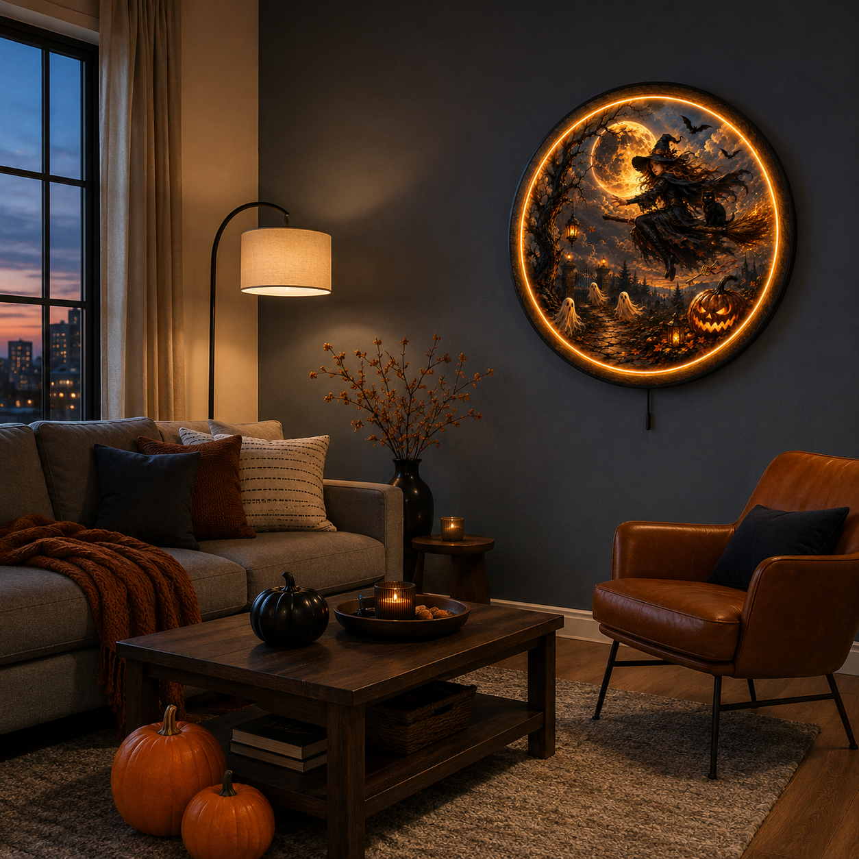 Witching Hour Flight LED Wall Art – Witch, Black Cat & Halloween Decor