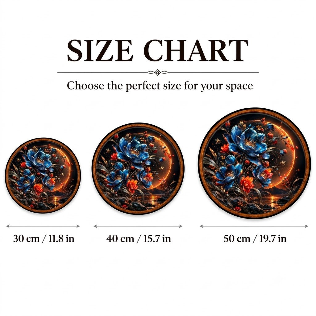 Midnight Ember Blooms – Handcrafted LED Wall Art | Blue & Red Floral Moon Art