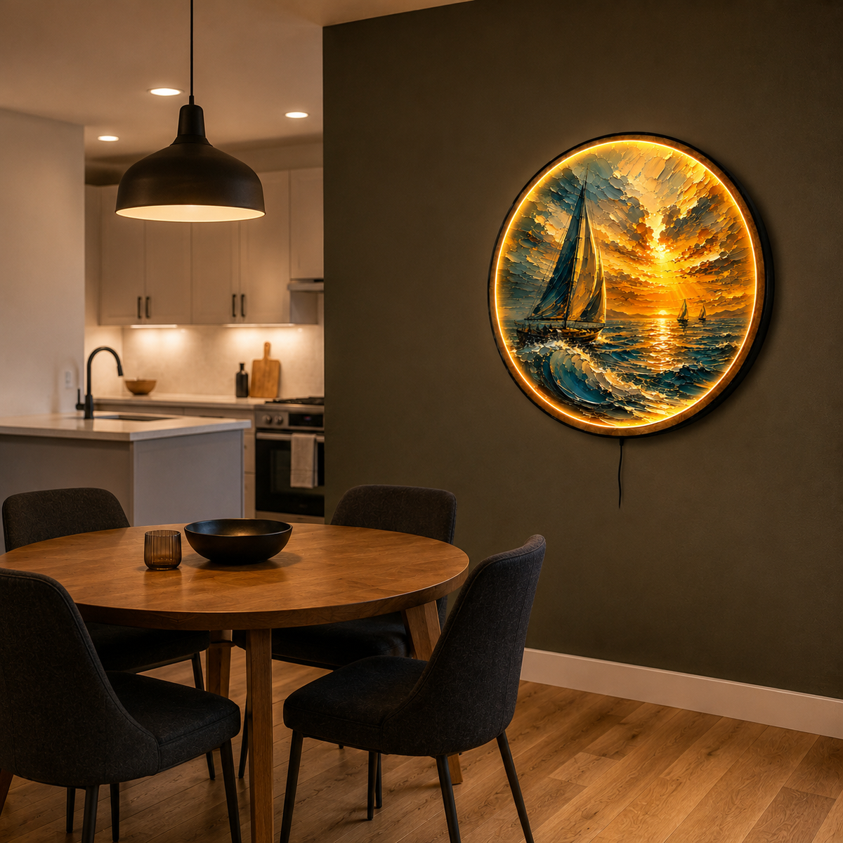 Sunward Sailing LED Wall Art – Golden Ocean Sunset Decor