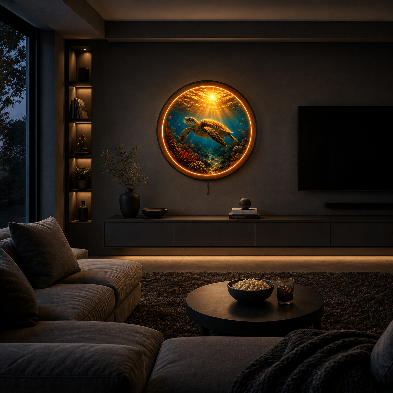 Ocean Sea Turtle LED Wall Art – Coastal Sunset Round Illuminated Decor