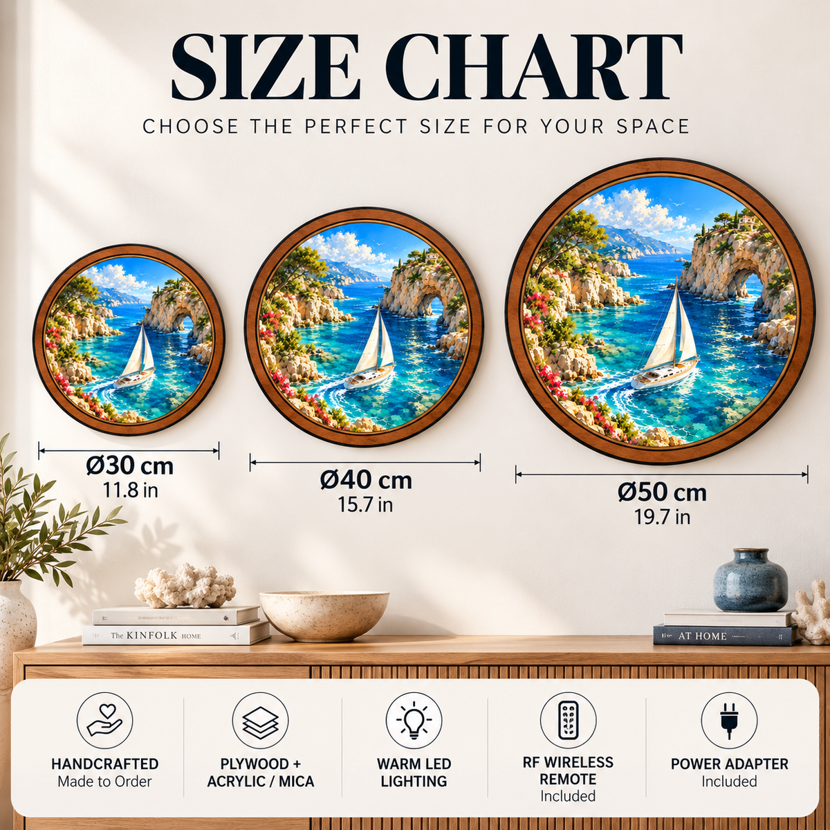 Mediterranean Sailboat Coastal Cove Circular LED Wall Art