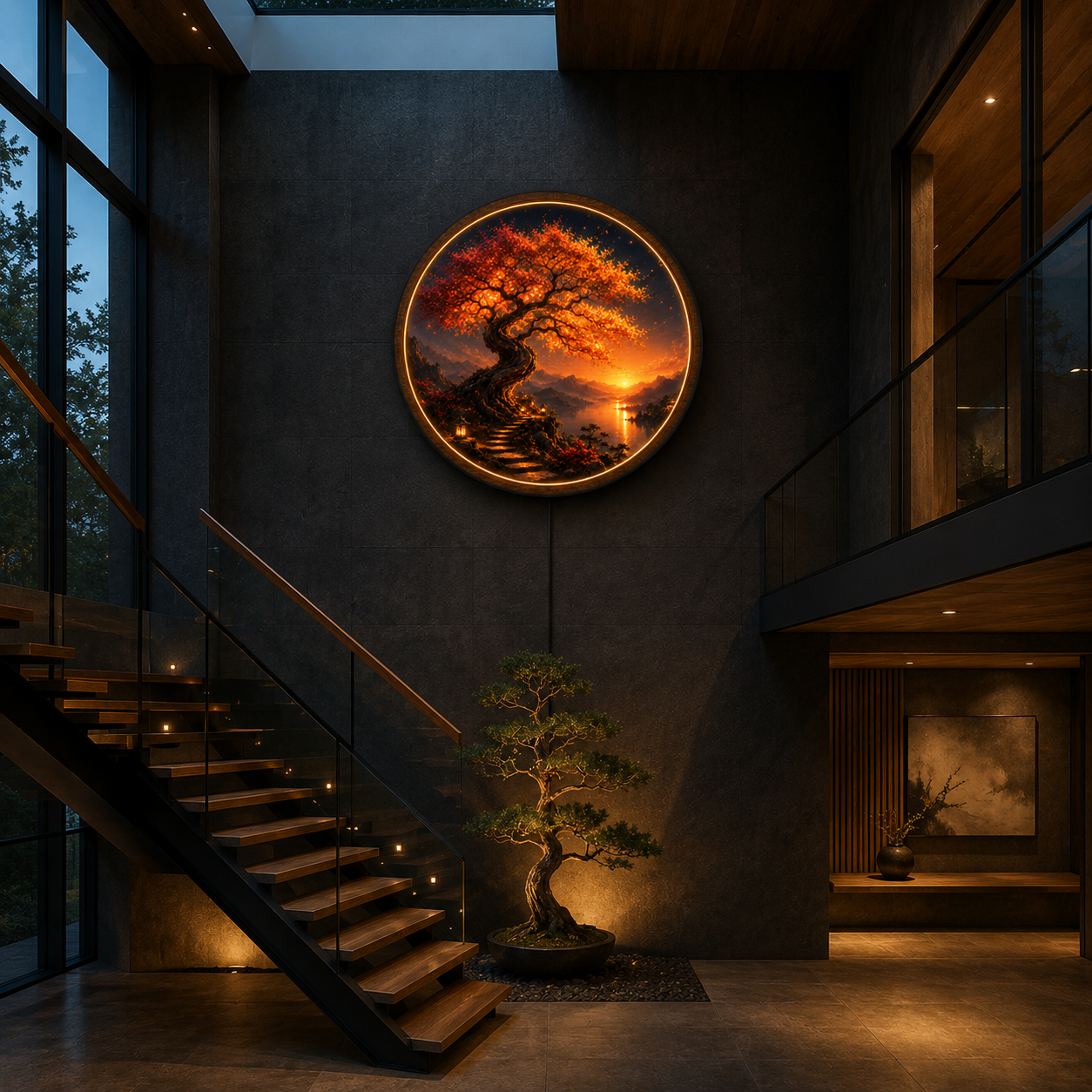 Fiery Bonsai Sunset LED Wall Art – Luxury Nature Acrylic Decor