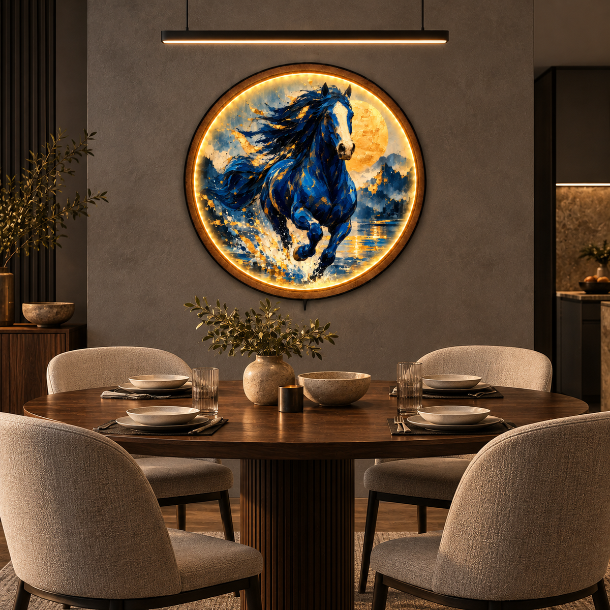 Blue Stallion Golden Moon LED Wall Art – Horse Decor