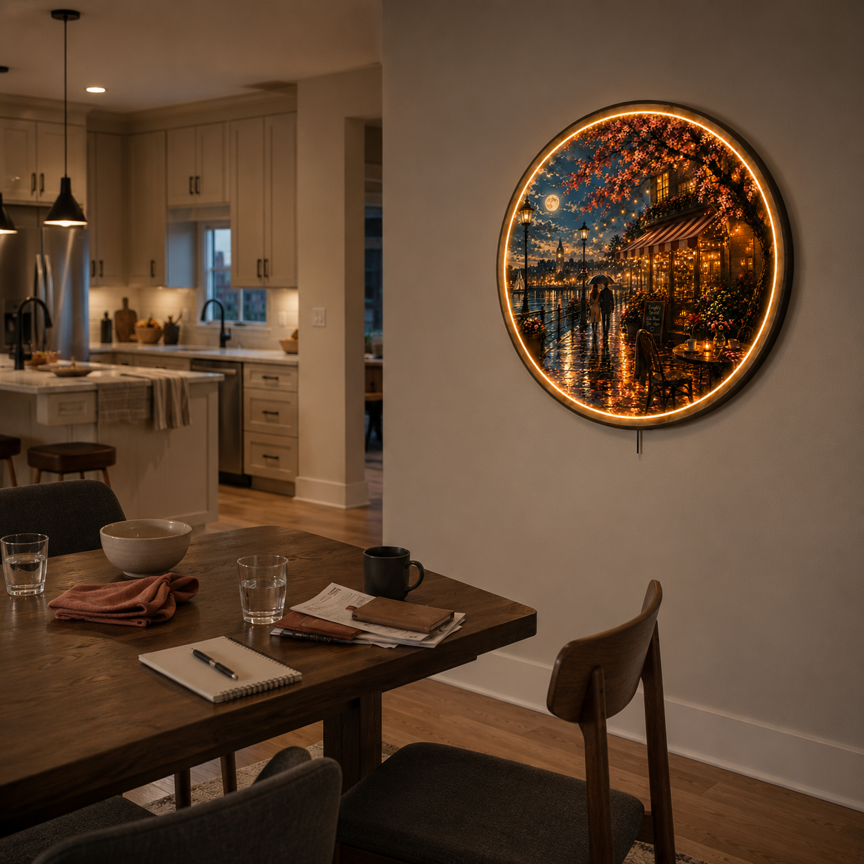 Moonlit Café LED Wall Art – Romantic Waterfront Night Decor