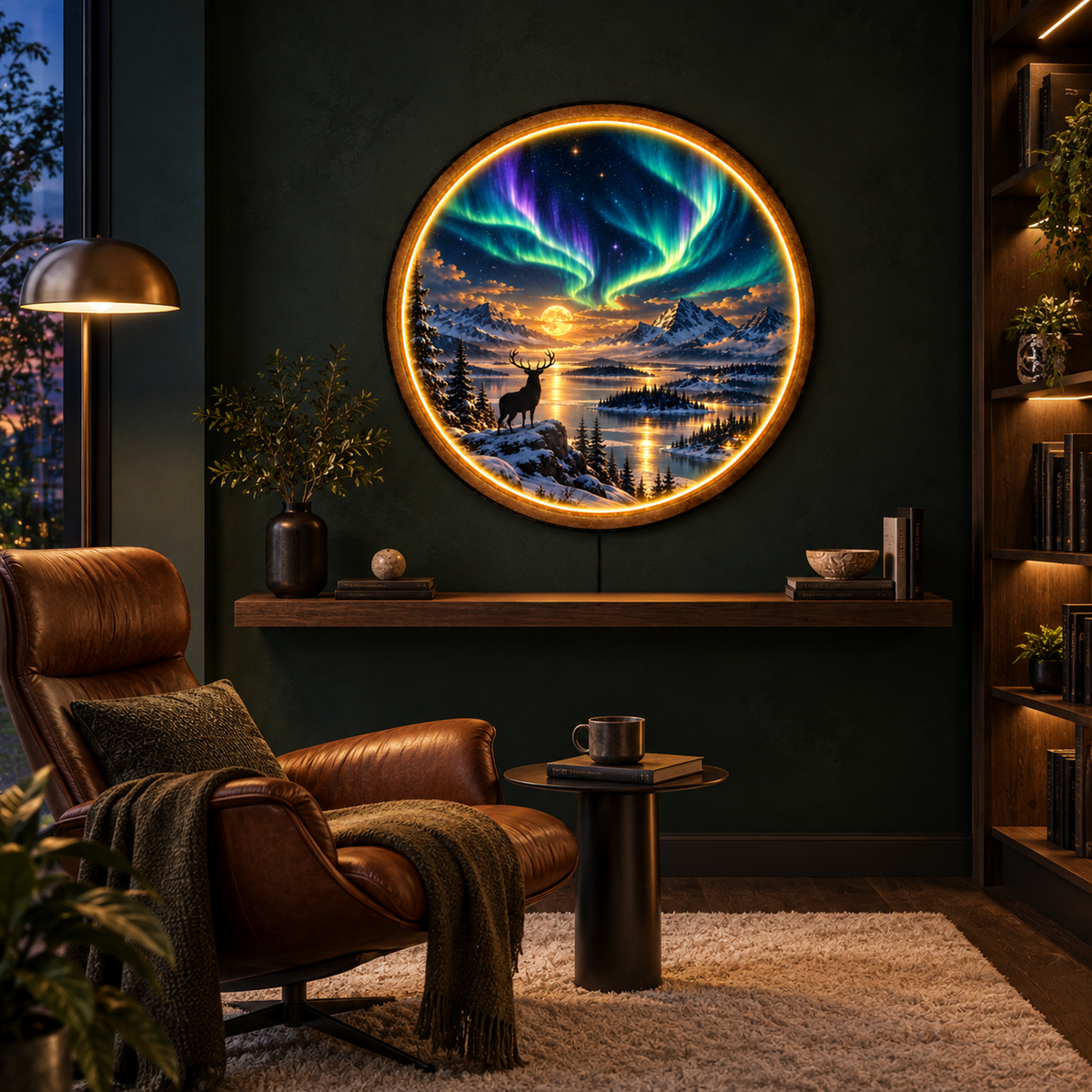 Aurora Stag Moon LED Wall Art – Northern Lights Decor