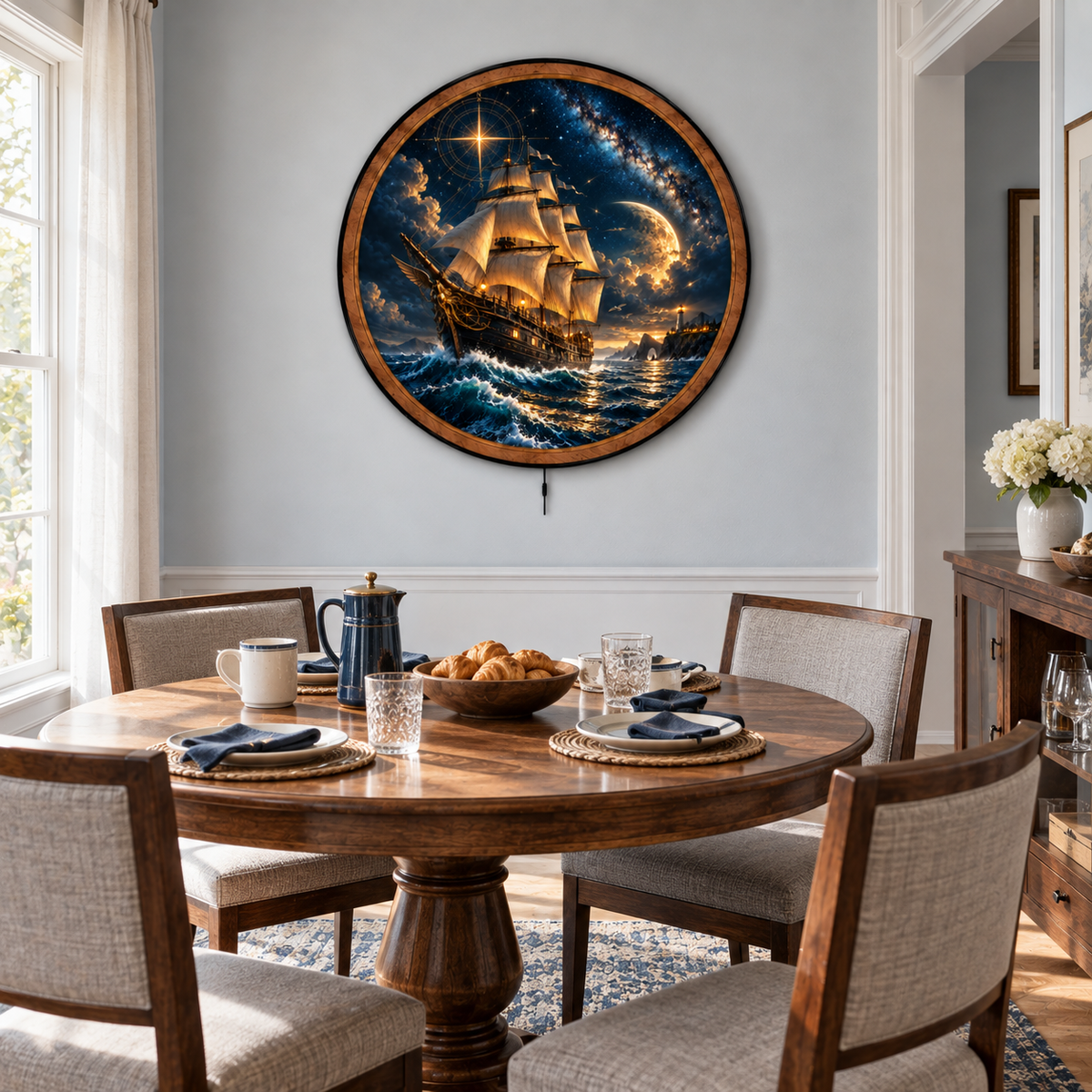 Celestial Voyager – Moonlit Sailing Ship LED Wall Art
