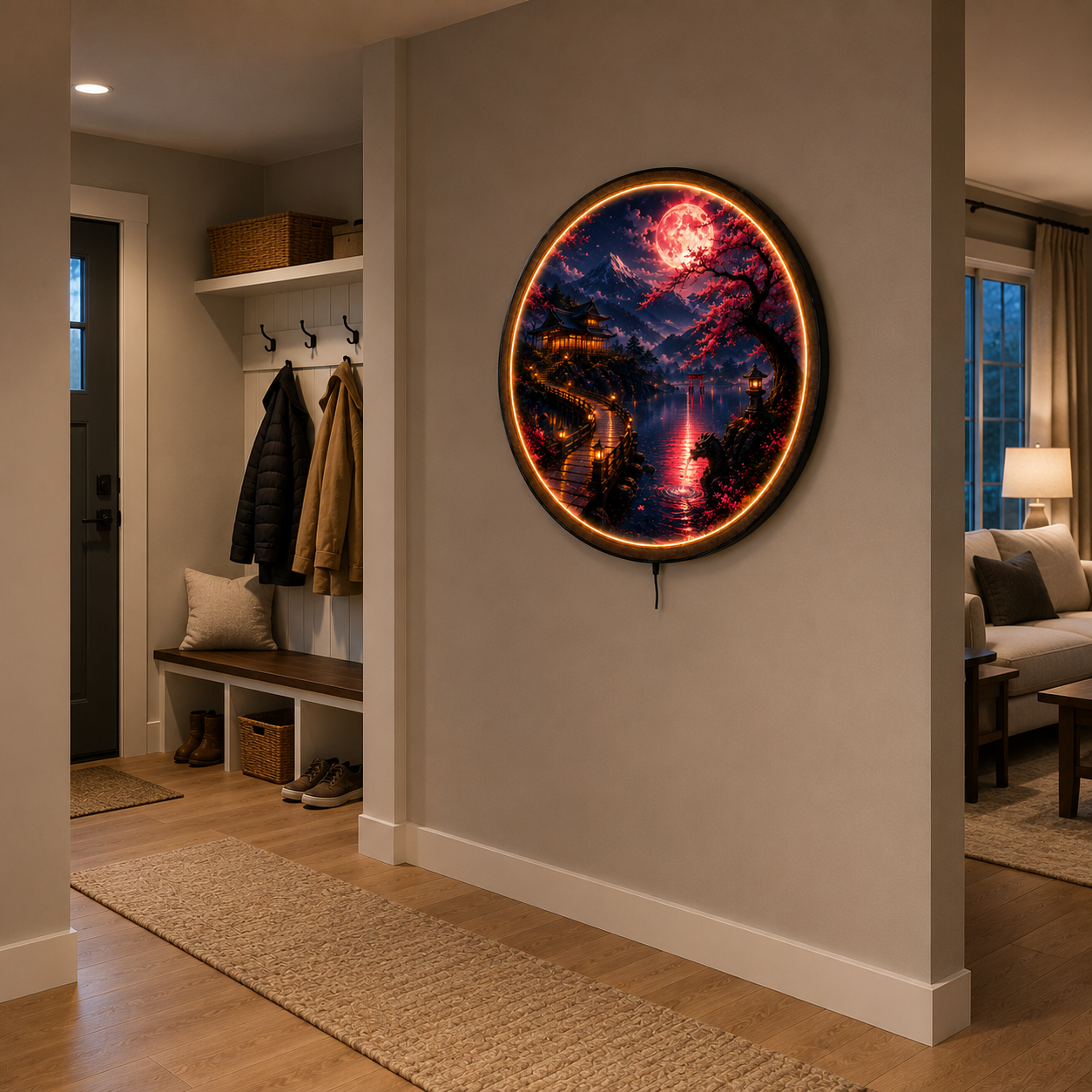Sakura Moon – Crimson Reflection LED Wall Art
