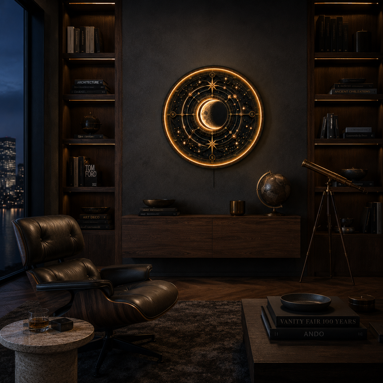 Celestial Compass Moon LED Wall Art – Illuminated Astronomical Decor