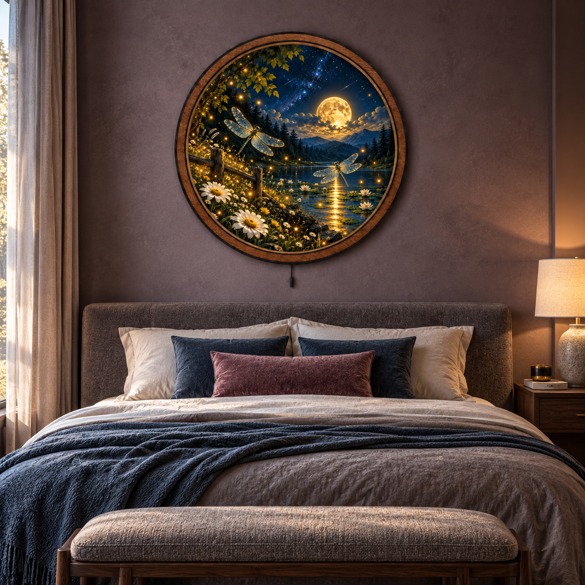 Dragonfly Moon Garden — Golden Night LED Wall Art | Moonlit Lake Decor
