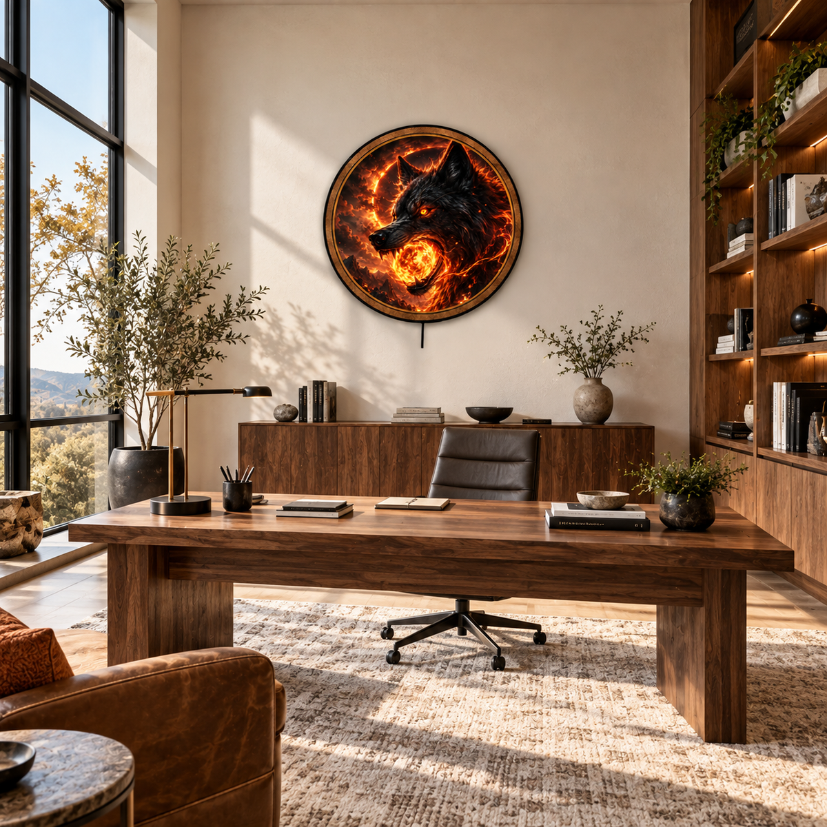 Handcrafted Inferno Wolf Eclipse LED Wall Art
