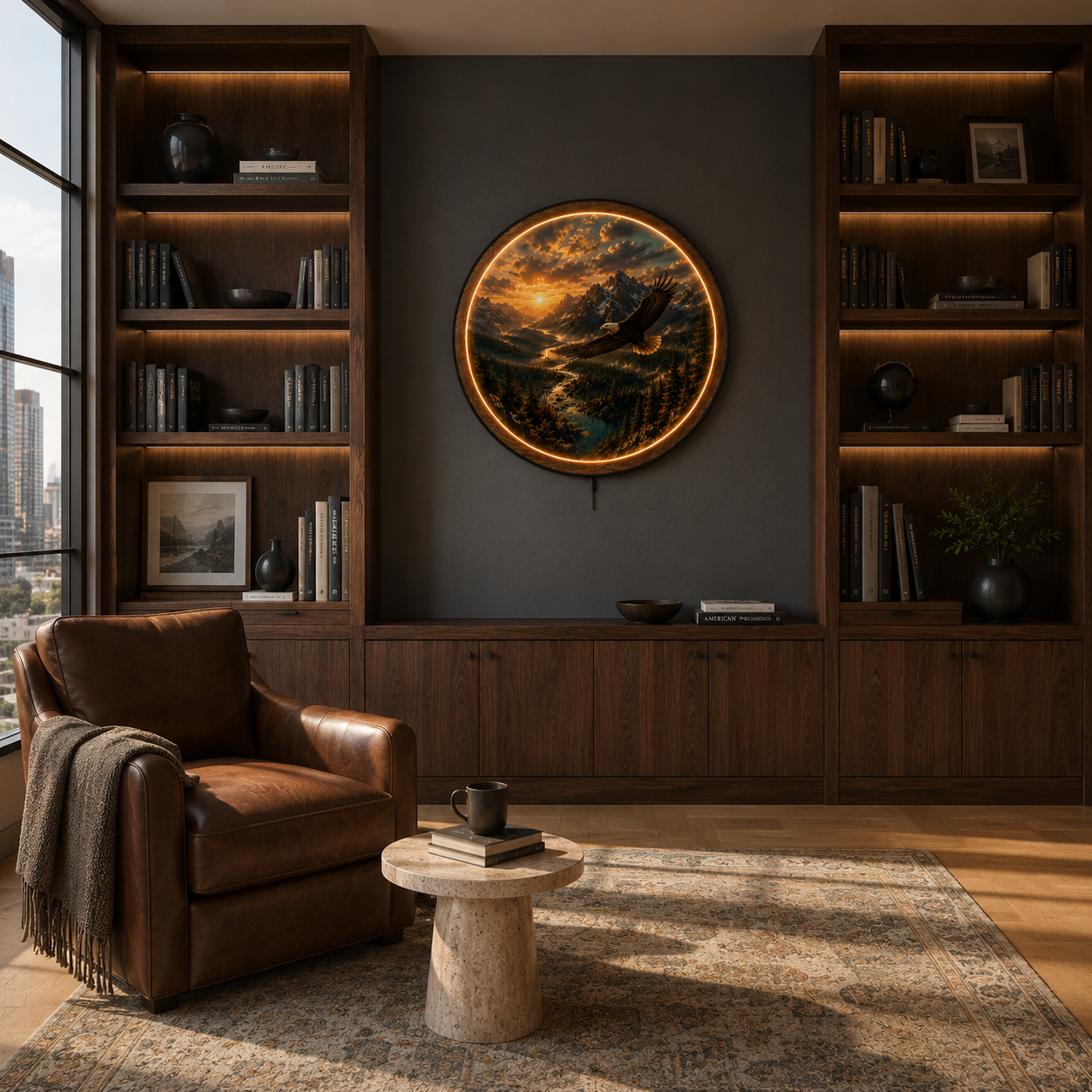 Majestic Eagle Mountain Sunset LED Wall Art – Premium Round Acrylic Decor