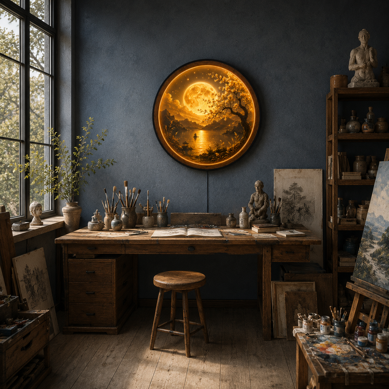 Golden Moon Bonsai LED Wall Art – Illuminated Landscape Decor