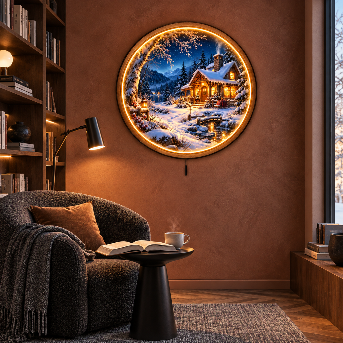 Winter Cabin Glow LED Wall Art – Cozy Snowy Mountain Retreat