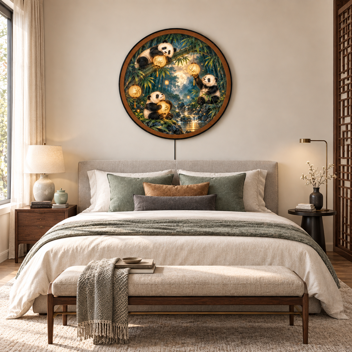 Panda Lantern Sanctuary – Golden Bamboo LED Wall Art