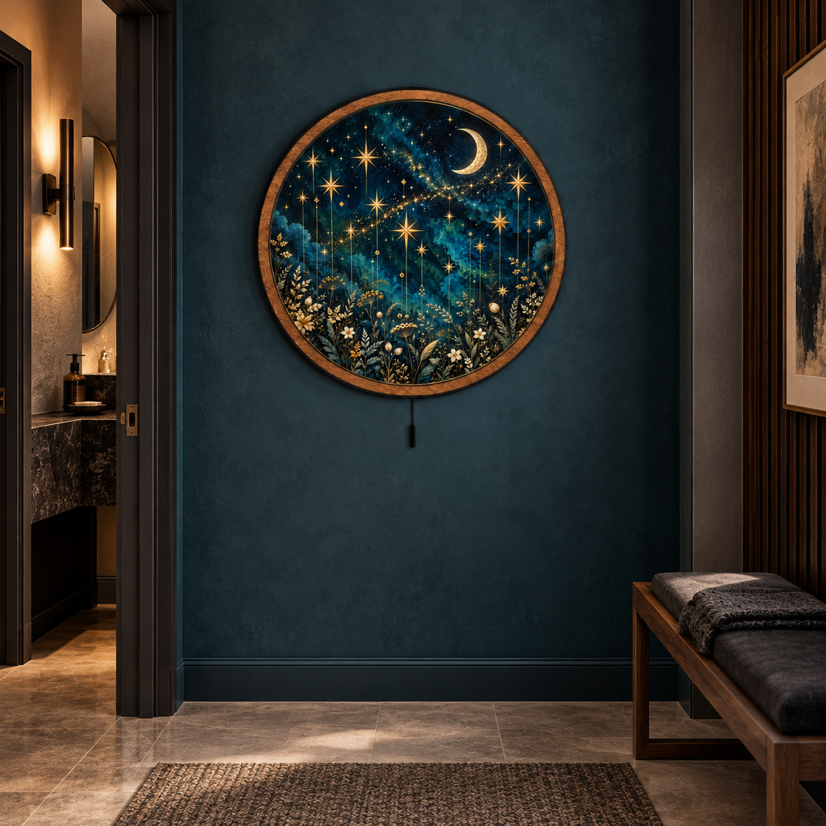 Celestial Wildflower – Golden Moon & Stars LED Wall Art