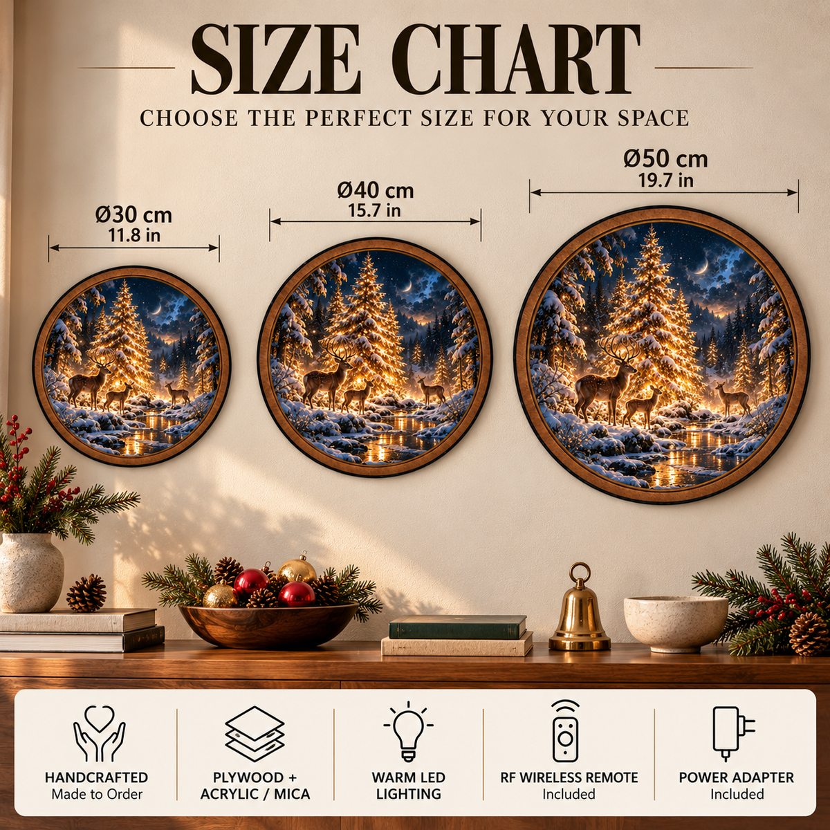 Winter Deer Golden Forest Circular LED Wall Art