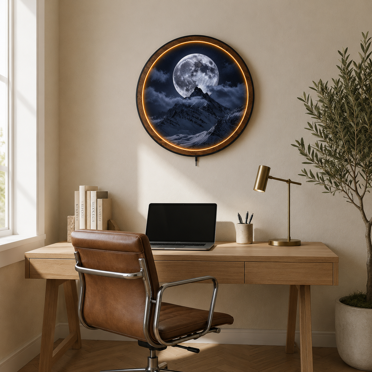 Moon & Snow Mountain Night Sky Print -Circular LED Wall Decor Light - Remote Control