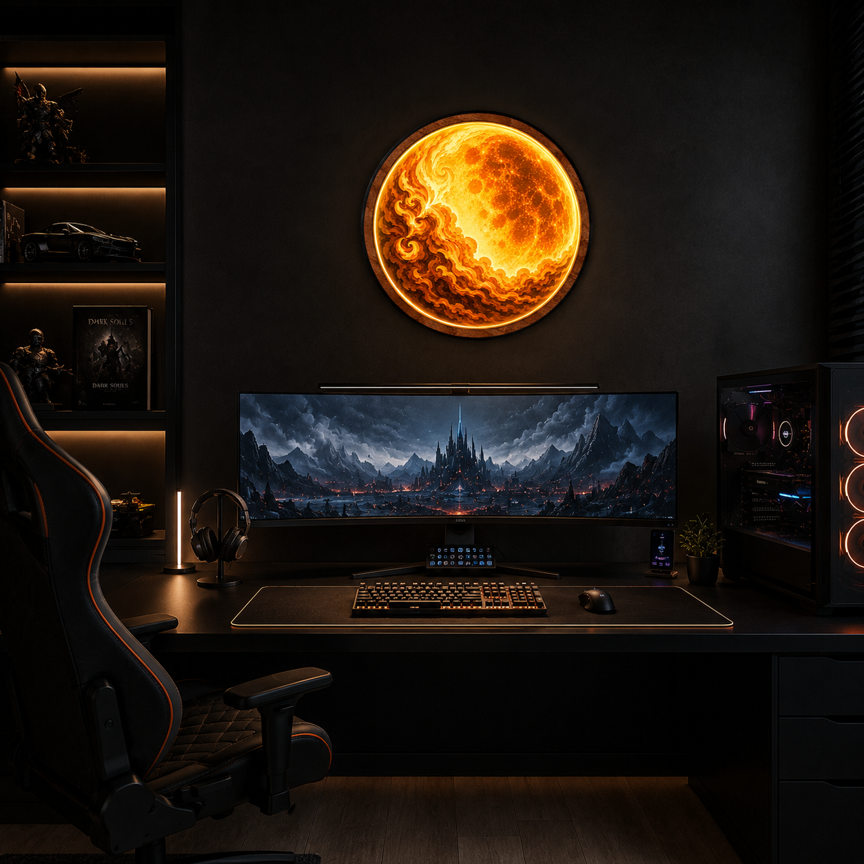 Golden Moon Abstract LED Wall Art – Illuminated Acrylic Round Wall Decor
