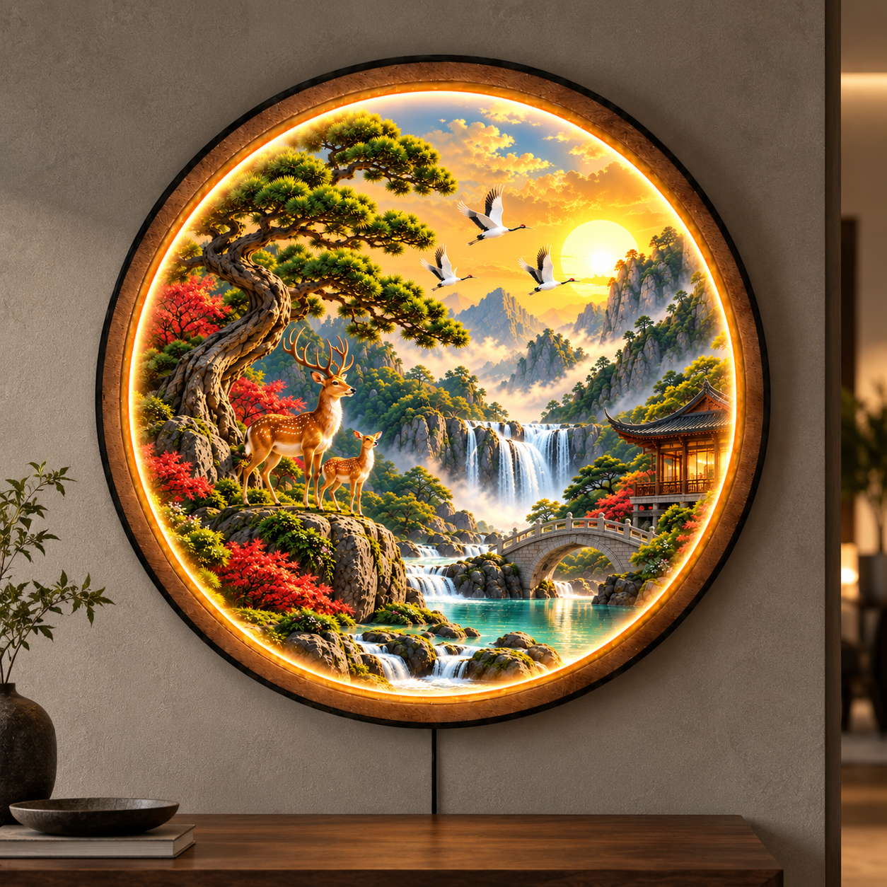 Sacred Deer Valley LED Wall Art – Asian Nature Landscape Decor