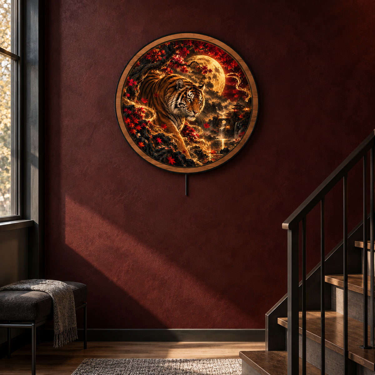 Crimson Moon Tiger – Golden Spirit LED Wall Art