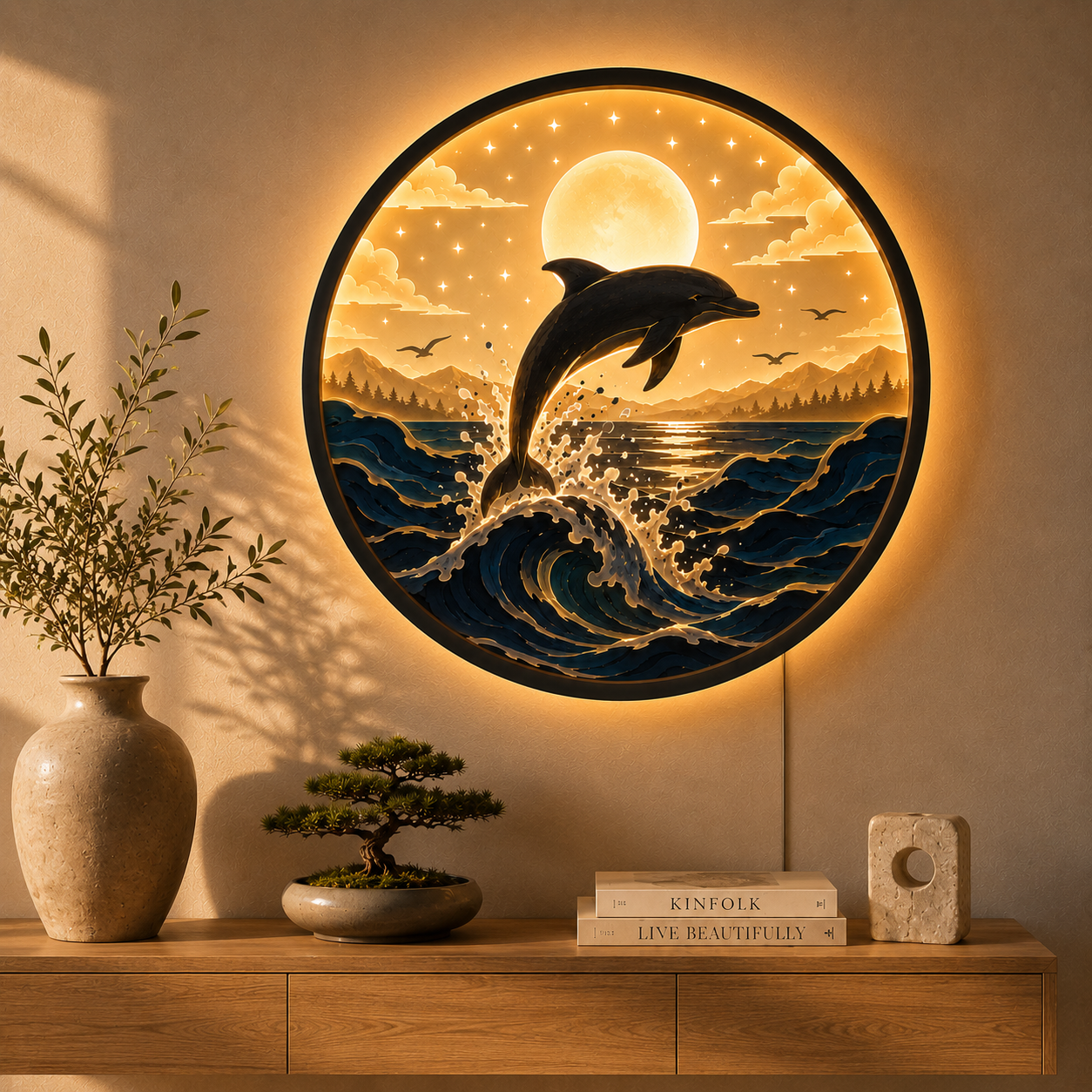 Wood Carved Dolphin Ocean Wave LED Wall Lamp | Handmade Night Light Wall Art