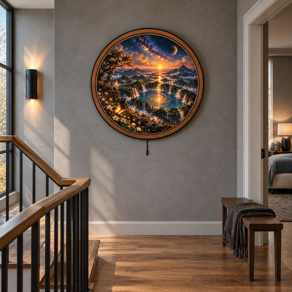 Celestial Falls – Golden Galaxy Mountain LED Wall Art