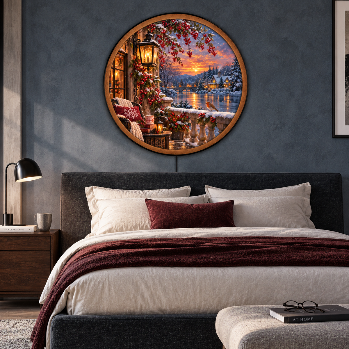 Winterberry Glow LED Wall Art – Cozy Snowy Lakeside Retreat
