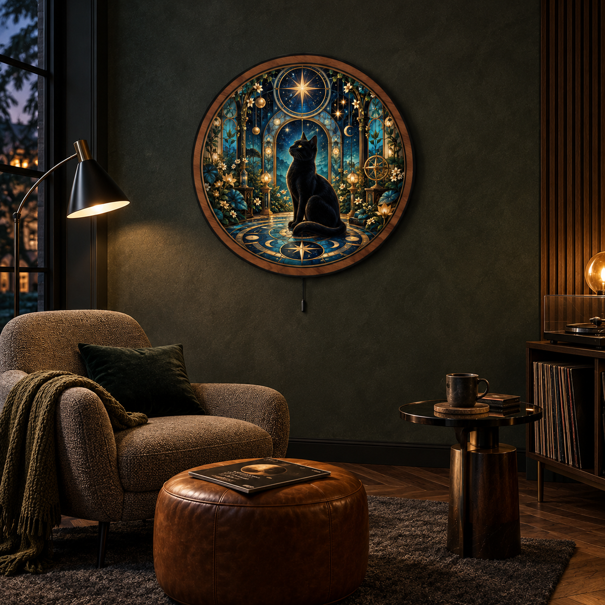 Midnight Astral Conservatory — Black Cat LED Wall Art | Celestial Botanical Lighted Wall Decor