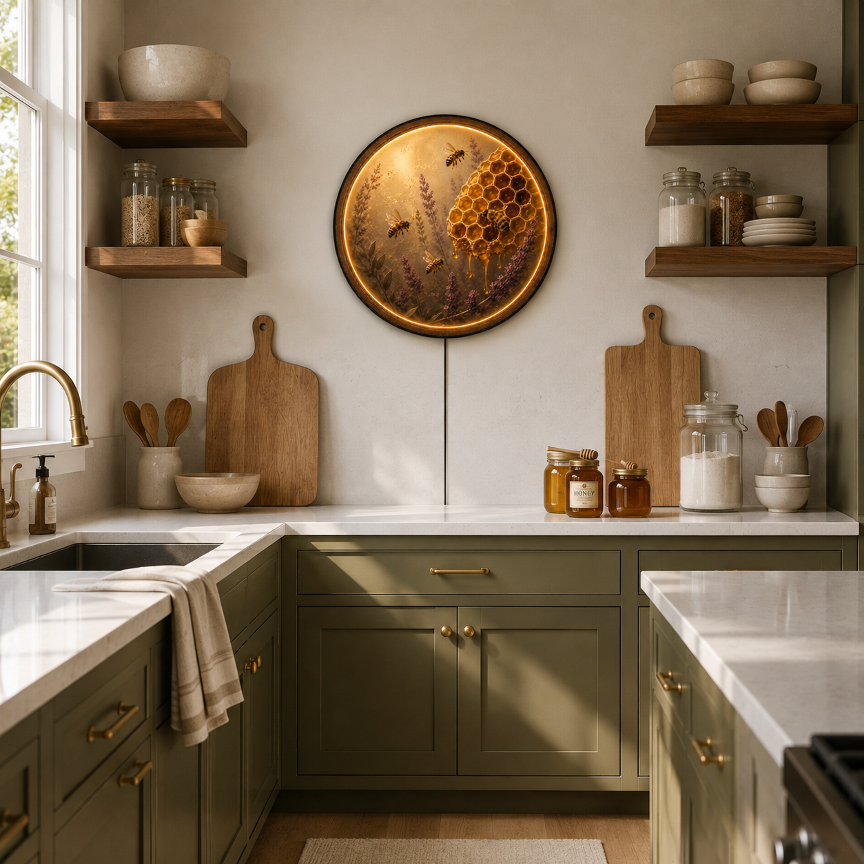 Honeycomb & Bees LED Wall Art – Warm Glow Round Acrylic Wall Decor