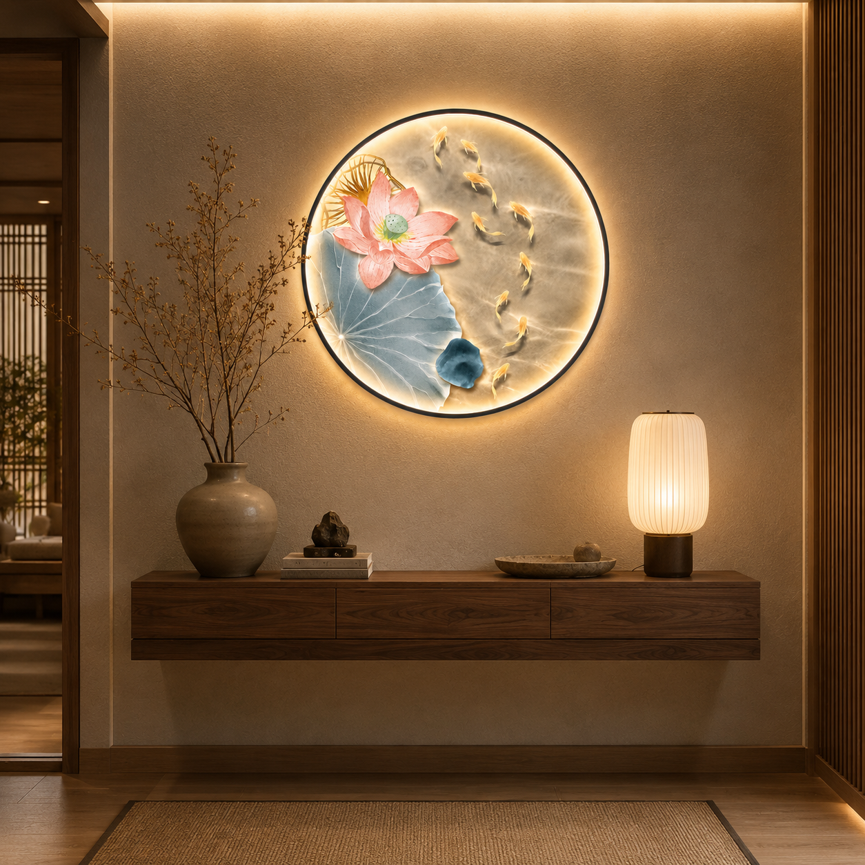 Round LED Wall Art – Lotus & Koi Fish Illuminated Canvas, New Chinese Style Backlit Wall Decor