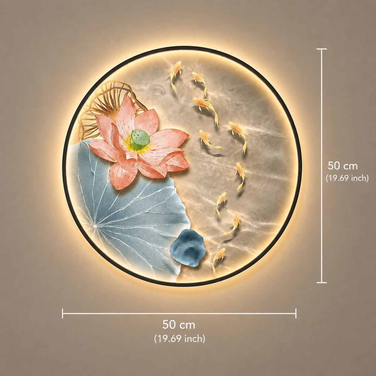 Round LED Wall Art – Lotus & Koi Fish Illuminated Canvas, New Chinese Style Backlit Wall Decor