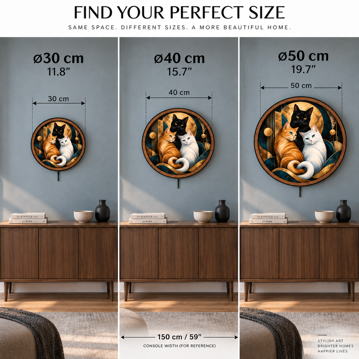 Celestial Cat Trio LED Wall Art – Black Orange & White Cat Decor