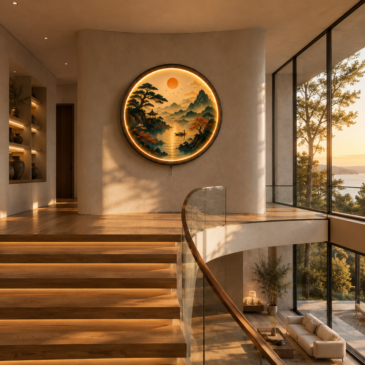 Eastern Serenity LED Wall Art | Tranquil Mountain & Lake Landscape Round Illuminated Wall Decor | Warm LED Ambient Light